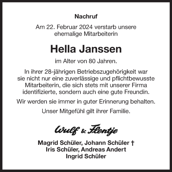 Traueranzeige von Hella Janssen von Ostfriesischer Kurier