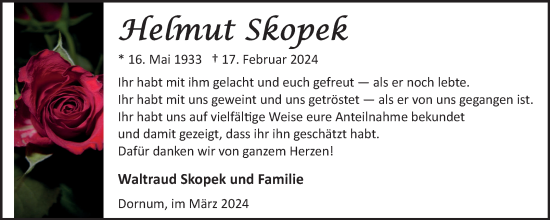 Traueranzeige von Helmut Skopek von Ostfriesischer Kurier