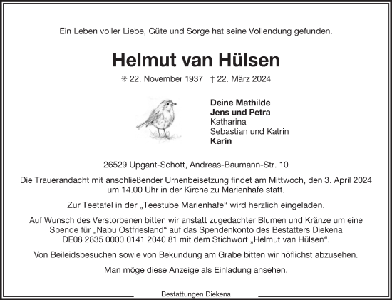 Traueranzeige von Helmut van Hülsen von Ostfriesischer Kurier