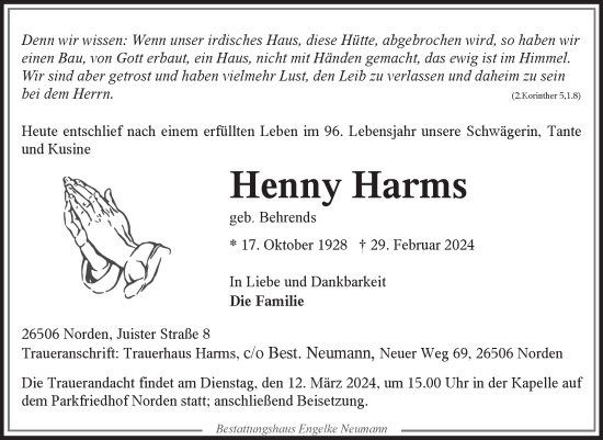 Traueranzeige von Henny Harms von Ostfriesischer Kurier