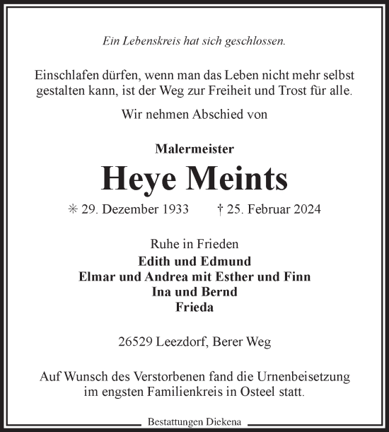 Traueranzeige von Heye Meints von Ostfriesischer Kurier