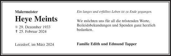 Traueranzeige von Heye Meints von Ostfriesischer Kurier