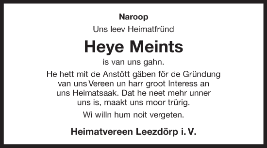 Traueranzeige von Heye Meints von Ostfriesischer Kurier