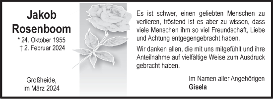 Traueranzeige von Jakob Rosenboom von Ostfriesischer Kurier