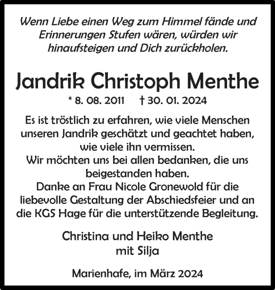 Traueranzeige von Jandrik Christoph Menthe von Ostfriesischer Kurier