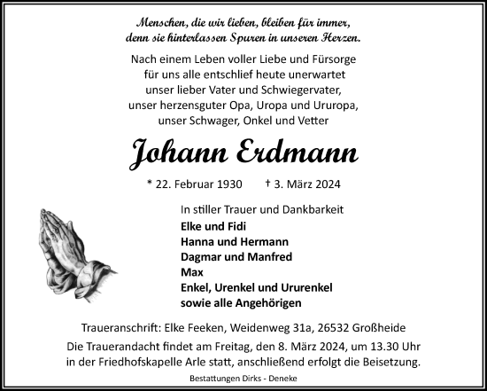Traueranzeige von Johann Erdmann von Ostfriesischer Kurier