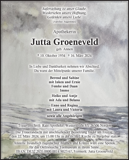 Traueranzeige von Jutta Groeneveld von Ostfriesischer Kurier