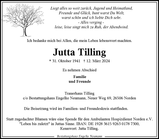 Traueranzeige von Jutta Tilling von Ostfriesischer Kurier