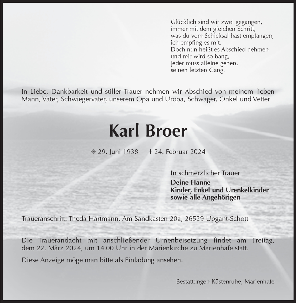  Traueranzeige für Karl Broer vom 02.03.2024 aus Ostfriesischer Kurier
