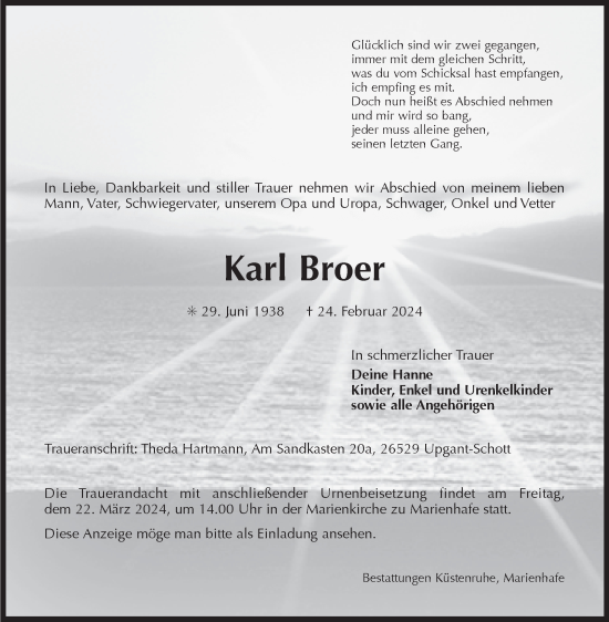 Traueranzeige von Karl Broer von Ostfriesischer Kurier