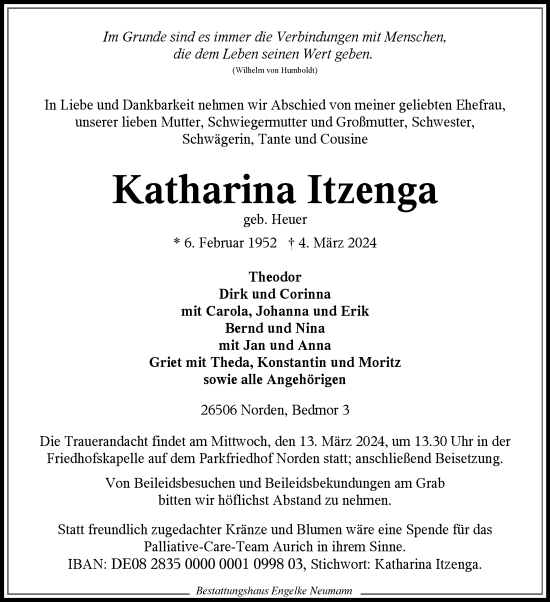 Traueranzeige von Katharina Itzenga von Ostfriesischer Kurier