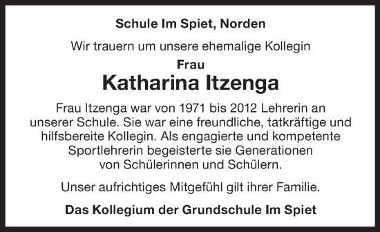 Traueranzeige von Katharina Itzenga von Ostfriesischer Kurier