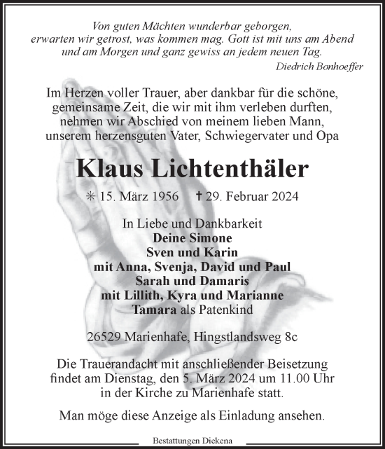 Traueranzeige von Klaus Lichtenthäler von Ostfriesischer Kurier