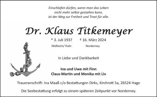 Traueranzeige von Klaus Titkemeyer von Ostfriesischer Kurier
