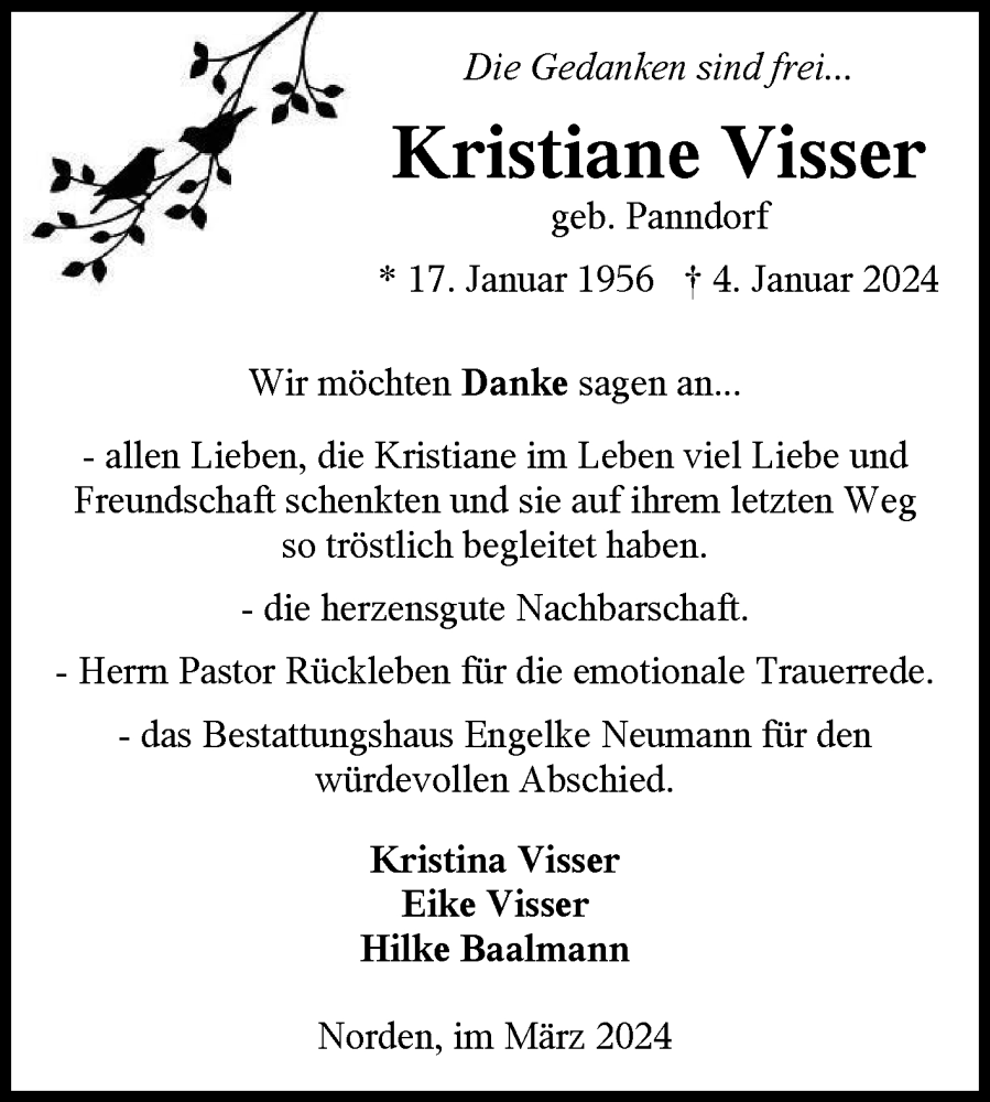  Traueranzeige für Kristiane Visser vom 02.03.2024 aus Ostfriesischer Kurier