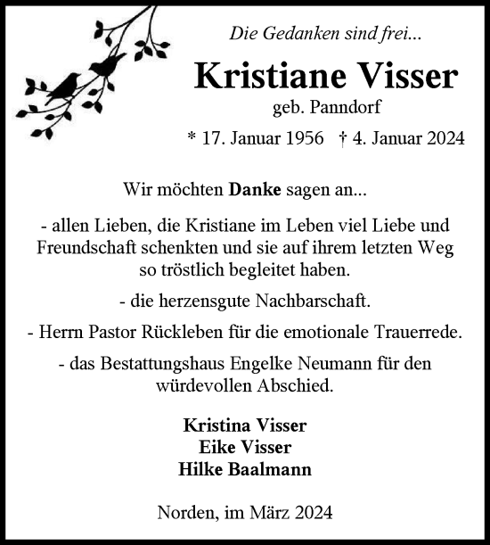 Traueranzeige von Kristiane Visser von Ostfriesischer Kurier