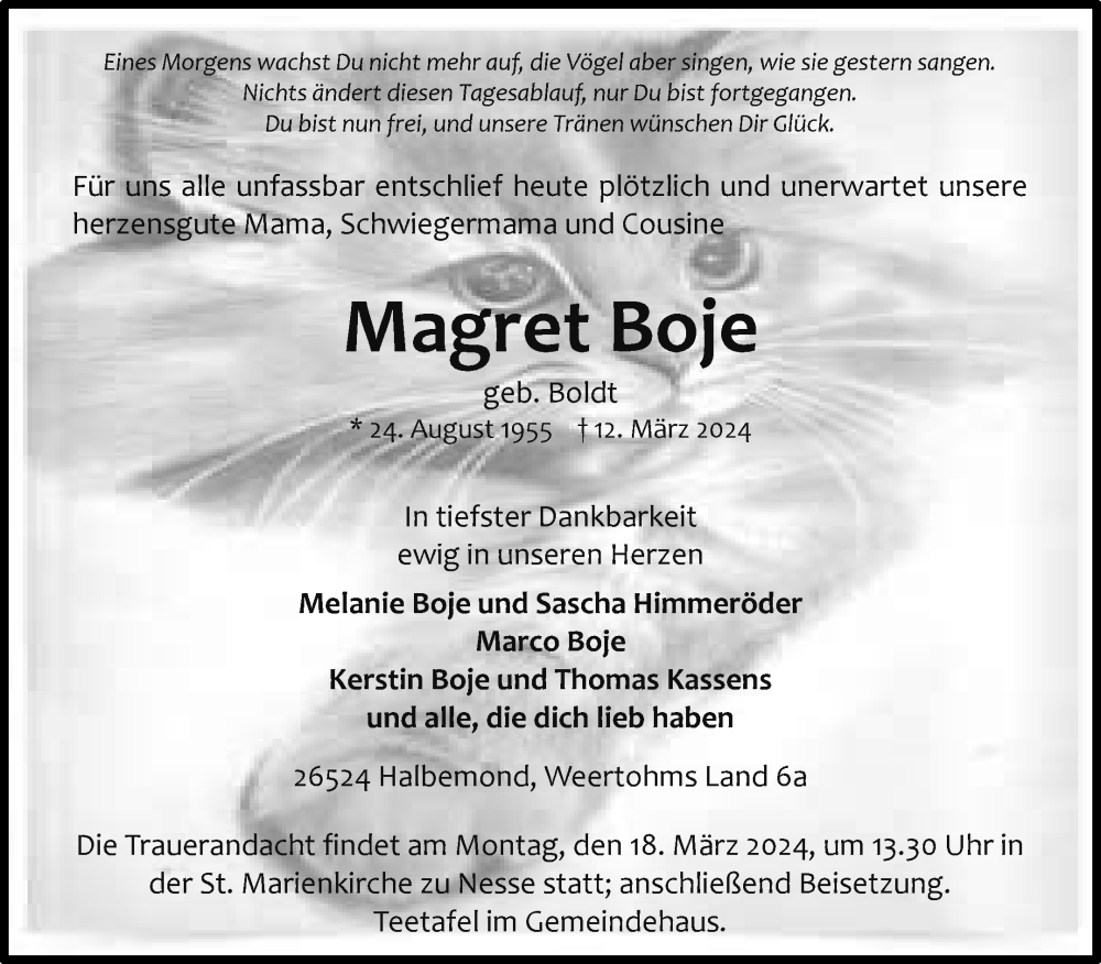  Traueranzeige für Magret Boje vom 15.03.2024 aus Ostfriesischer Kurier