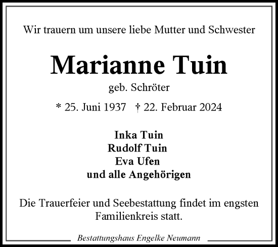 Traueranzeige von Marianne Tuin von Ostfriesischer Kurier