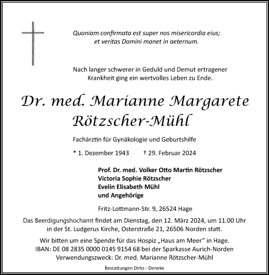 Traueranzeige von Marianne Margarete Rötzscher-Mühl von Ostfriesischer Kurier