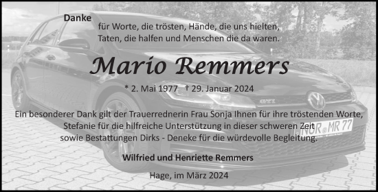 Traueranzeige von Mario Remmers von Ostfriesischer Kurier