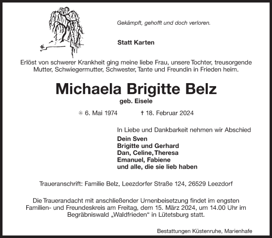 Traueranzeige von Michaela Brigitte Belz von Ostfriesischer Kurier
