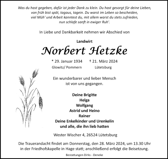 Traueranzeige von Norbert Hetzke von Ostfriesischer Kurier