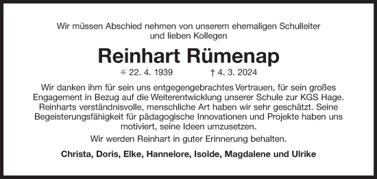 Traueranzeige von Reinhart Rümenap von Ostfriesischer Kurier