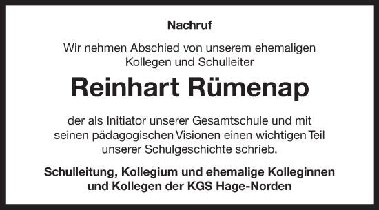 Traueranzeige von Reinhart Rümenap von Ostfriesischer Kurier