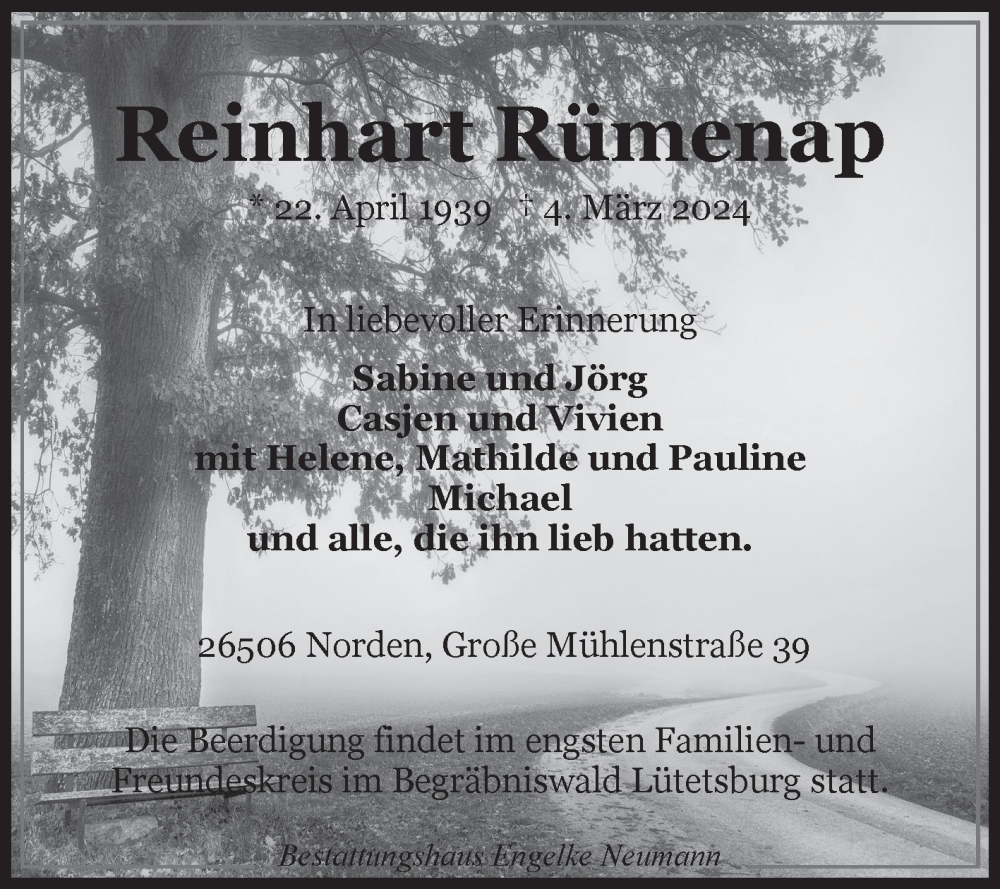  Traueranzeige für Reinhart Rümenap vom 09.03.2024 aus Ostfriesischer Kurier