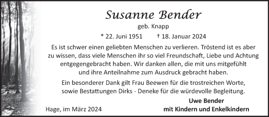 Traueranzeige von Susanne Bender von Ostfriesischer Kurier