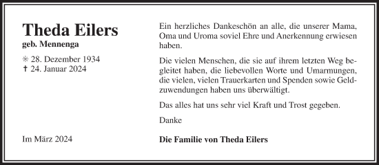 Traueranzeige von Theda Eilers von Ostfriesischer Kurier