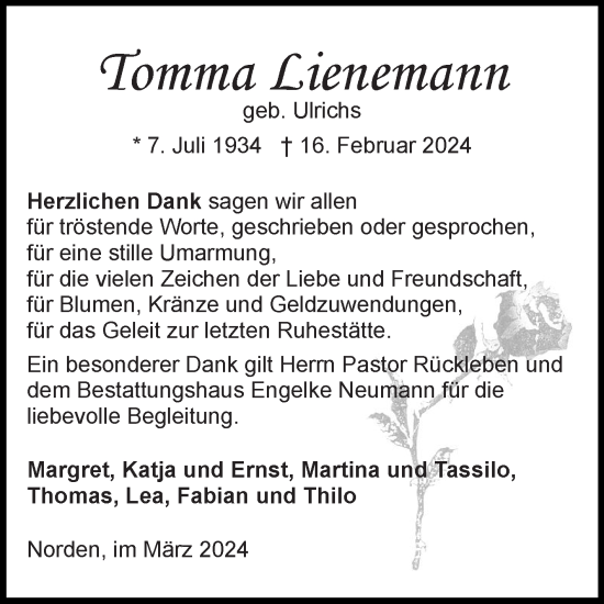 Traueranzeige von Tomma Lienemann von Ostfriesischer Kurier