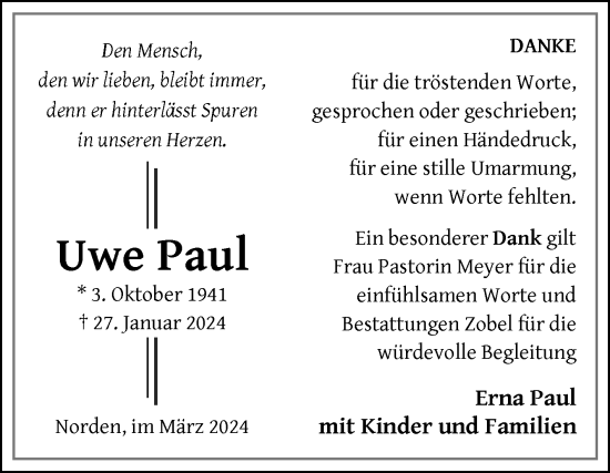 Traueranzeige von Uwe Paul von Ostfriesischer Kurier