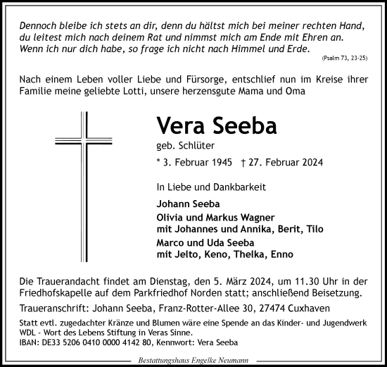 Traueranzeige von Vera Seeba von Ostfriesischer Kurier