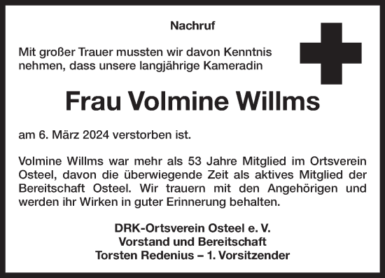 Traueranzeige von Volmine Willms von Ostfriesischer Kurier