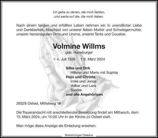 Traueranzeige von Volmine Willms von Ostfriesischer Kurier
