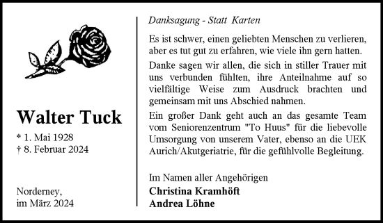 Traueranzeige von Walter Tuck von Ostfriesischer Kurier