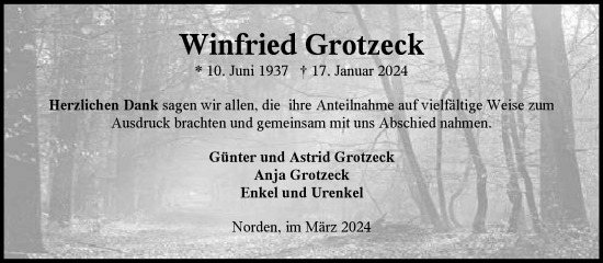 Traueranzeige von Winfried Grotzeck von Ostfriesischer Kurier