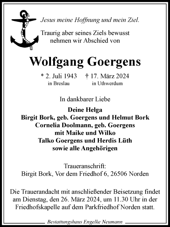 Traueranzeige von Wolfgang Goergens von Ostfriesischer Kurier