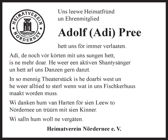 Traueranzeige von Adolf Pree von Ostfriesischer Kurier