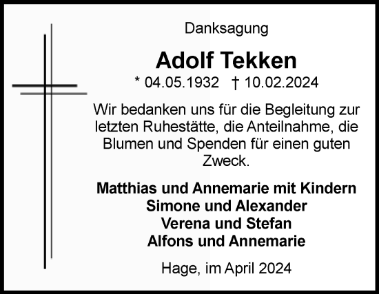 Traueranzeige von Adolf Tekken von Ostfriesischer Kurier