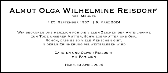 Traueranzeige von Almut Reisdorf von Ostfriesischer Kurier