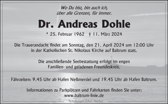 Traueranzeige von Andreas Dohle von Ostfriesischer Kurier