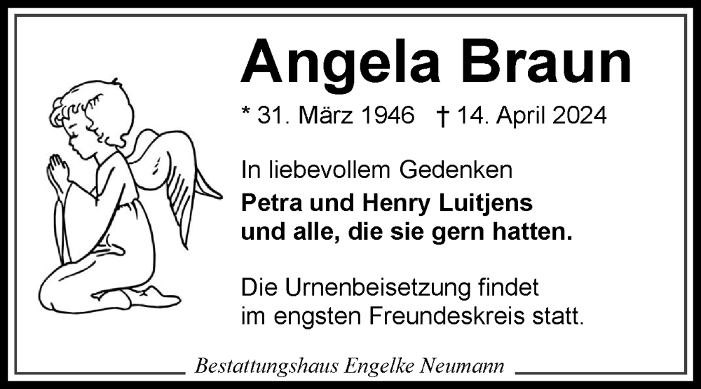  Traueranzeige für Angela Braun vom 20.04.2024 aus Ostfriesischer Kurier