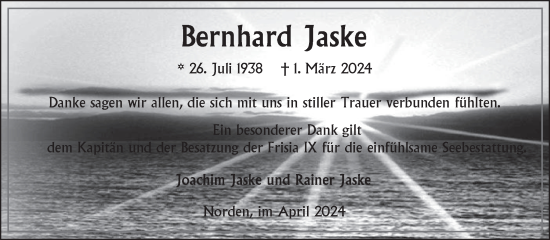 Traueranzeige von Bernhard Jaske von Ostfriesischer Kurier