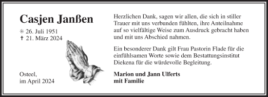 Traueranzeige von Casjen Janßen von Ostfriesischer Kurier