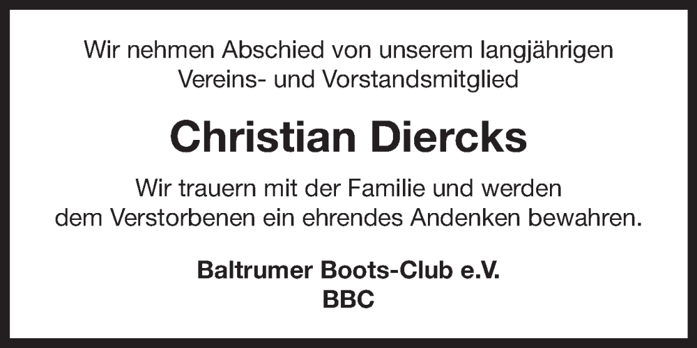  Traueranzeige für Christian Diercks vom 22.04.2024 aus Ostfriesischer Kurier