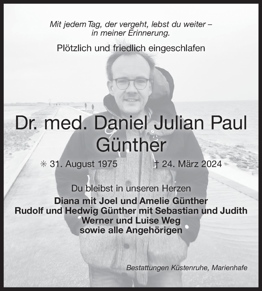  Traueranzeige für Daniel Julian Paul vom 06.04.2024 aus Ostfriesischer Kurier