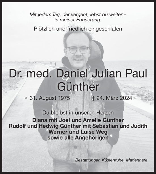 Traueranzeige von Daniel Julian Paul von Ostfriesischer Kurier