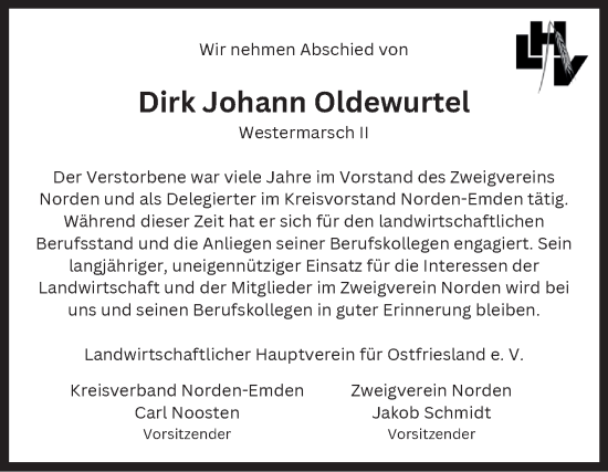 Traueranzeige von Dirk Johann Oldewurtel von Ostfriesischer Kurier